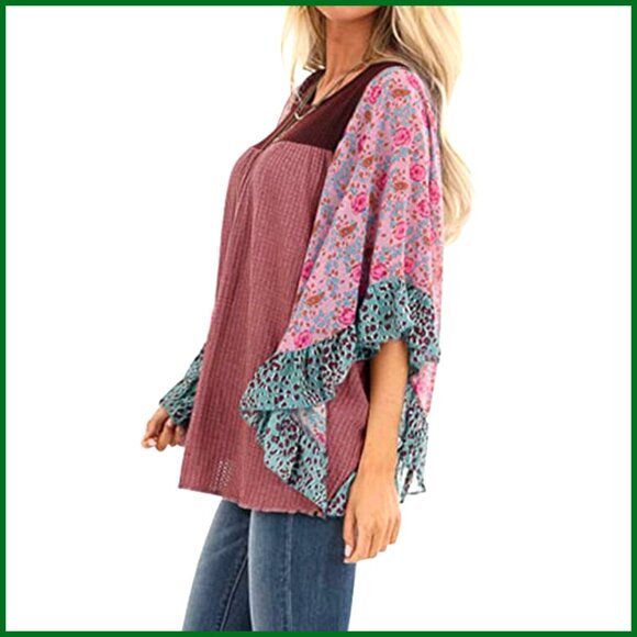 Floral Printed Batwing Sleeve Blouse Loose Fit Pullover Top 3/4 Sleeve - Picture 2 of 3
